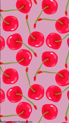 a pink background with red cherries and green stems