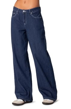 Polished pinstripes add a refined element to traditionally casual jeans cut with baggy wide legs in a Y2K-inspired low-rise silhouette. Zip fly with button closure Five-pocket style 100% cotton Machine wash, line dry Imported 90s Clothing Style 1990s, Jeans Pacsun, Striped Denim, Thrift Inspo, Jeans Low Rise, Awesome Sauce, Striped Jeans, Mode Inspo, 가을 패션