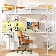 a white loft bed with a desk and chair underneath it in an office space area