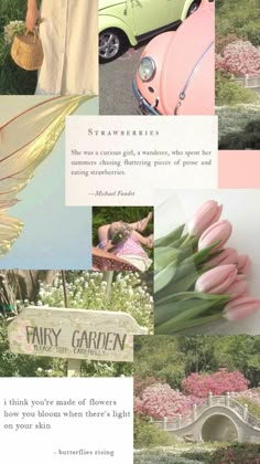 a collage of photos with pink flowers and green grass in the background, including a woman standing next to a car