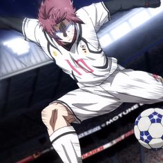 an anime character kicking a soccer ball in front of a stadium full of people watching