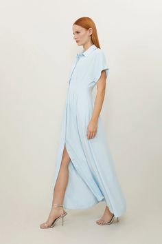 Soft Tailored Belted Darted Midi Shirt Dress | Karen Millen Classic Semi-formal Shirt Dress With Placket, Spring Formal Button-up Shirt Dress, Classic Solid Color Maxi Dress, Elegant Short Sleeve Maxi Dress For Office, Relaxed Fit Dress With Collared Neckline, Classic Lapel Collar Dress For Workwear, Classic Solid Maxi Length Dress, Classic Solid Maxi Dress, Elegant Blue Maxi Length Shirt Dress