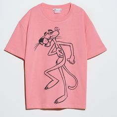 Zara Pink Panther T-Shirt New With Tags Size: Small Color: Pink/ Black Drop Shoulder Crew Neck Full Pink Panther On Front Face On Back 100% Cotton Zara Pink Casual T-shirt, Pink Cartoon Print Crew Neck Top, Pink Crew Neck Top With Cartoon Print, Pink Graphic Print Crew Neck Top, Pink Cartoon Print Short Sleeve Tops, Pink Short Sleeve Tops With Cartoon Print, Casual Pink Cartoon Print Tops, Pink Graphic Tee With Cartoon Print, Pink Crew Neck Shirt With Cartoon Print