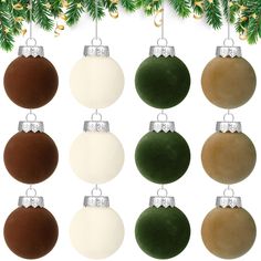 six ornaments hanging from a christmas tree with gold and green decorations on them, all in different colors