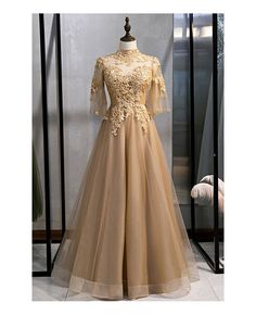 Shop elegant champagne gold aline formal dress with embroidery sleeves online. All instock with free shipping. Pro since 2009. Wedding Dresses Not White, Champagne Gold Dress, Embroidery Sleeves, Prom Dresses 2022, Champagne Evening Dress, Prom After Party, Prom Dresses 2023, Dress With Embroidery, Tulle Evening Dress