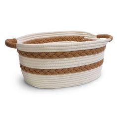 a white and brown rope basket on a white background