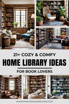 some bookshelves and couches in a library with the words cozy & comfy home library ideas for book lovers