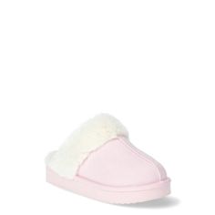 Wonder Nations Faux Fur Trim Scuff Slippers are the epitome of cozy chic. Crafted in a faux suede topped with soft, plush faux fur trim for added warmth. These scuff slippers are designed in a slip-on silhouette for an easy on-and-off. The Memory Foam insole and durable rubber outsole help keep her feet comfy and supported. Gift these scuff slippers with a Wonder Nation PJs (sold separately) for a head-to-toe sleep set shes sure to love. Only at Walmart. Size: 6.  Color: Pink.  Gender: female. Light Pink Ugg Slippers, Pink Faux Fur Slippers For Winter, Pink Faux Fur Winter Slippers, Cute House Shoes, Pink Ugg Slippers, Trim Sizes, Cute Uggs, Pink Uggs, Pink Slides