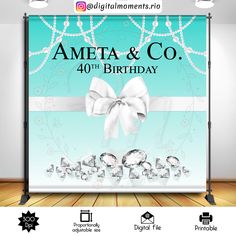 an image of a birthday party backdrop with diamonds and bow on the front, along with text that reads ameta & co 40th birthday