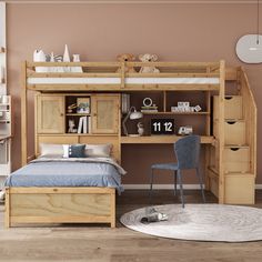 a bedroom with a bunk bed, desk and chair