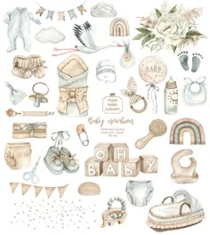 an illustration of baby shower items and accessories