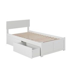 a white bed with two drawers underneath the headboard and foot board, on a white background