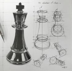 a black and white drawing of a chess piece next to some other items on a sheet of paper