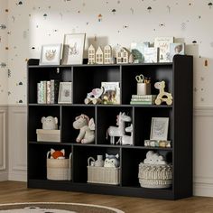 a black bookcase with lots of toys on top of it in a child's room