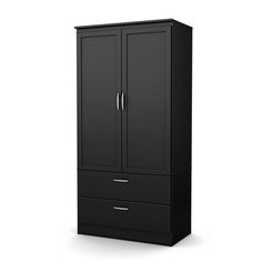 a tall black cabinet with two drawers and one door on the bottom, in front of a white background