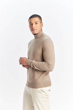 Men's Cashmere Basic Mock Neck Sweater Taupe - Gobi Cashmere High Neck Cashmere Sweater With Ribbed Collar, Casual Beige Turtleneck With Ribbed Cuffs, Casual Cashmere Turtleneck With Ribbed Collar, Classic High Neck Sweater With Ribbed Collar, Classic Cashmere High Neck Sweater, Classic High Neck Cashmere Sweater, Beige Cashmere Polo Sweater For Winter, Winter Beige Cashmere Polo Sweater, Classic Beige Polo Sweater With Ribbed Cuffs