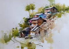 watercolor painting of houses on the side of a hill