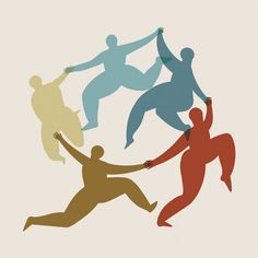 four different colored silhouettes of people jumping in the air with their hands up to each other