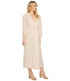 Free People Embroidered V Maxi Dress at Zappos.com Beige V-neck Rayon Dress, Viscose Dresses For Day Out, Chic Long Sleeve Rayon Dress, Casual V-neck Calvin Klein Dress, Calvin Klein Casual V-neck Dress, Spring Rayon Dress For Day Out, Chic Calvin Klein Dresses For Fall, Spring Viscose Dress For Brunch, Feminine Midi-length Viscose Dress