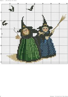 a cross stitch pattern with two people dressed as witches, one holding a broom and the other wearing a green dress