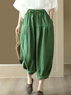 Plus Size Women Summer Solid Pocket Pleat Drawstring Harem Pants Green Wide-leg Bottoms With Drawstring, Green Drawstring Wide Leg Pants, Green Wide Leg Bottoms With Drawstring, Green Wide Leg Drawstring Pants, Loosely Fitted Ankle-length Harem Pants With Drawstring, Green Wide Leg Pants With Drawstring, Green Drawstring Pants, Spring Drawstring Ankle-length Bottoms, Spring Harem Pants With Drawstring