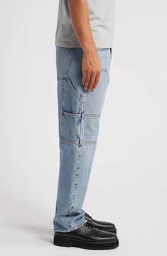 Relaxed through the waist and the legs, these faded nonstretch jeans feature workwear-inspired panels for a heavy dose of '90s style. 28 1/2" inseam; 16" leg opening; 13" front rise; 15" back rise (size 29) Button fly Five-pocket style 100% regenerative cotton Machine wash, tumble dry Made in the USA Medium Wash Rigid Denim Cargo Pants With Five Pockets, Light Wash Utility Cargo Jeans In Rigid Denim, Utility Jeans With Hip Pockets In Rigid Denim, Mid-rise Rigid Denim Cargo Jeans With Hip Pockets, Faded Denim Jeans With Patch Pockets, Medium Wash Cargo Pants With Straight Leg, Medium Wash Straight Leg Cargo Pants With Belt Loops, Light Wash Straight Leg Cargo Pants With Patch Pockets, Straight Leg Rigid Denim Jeans With Cargo Pockets