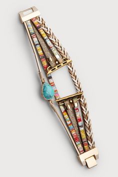 Our Cordelia Leather Apple Watch Band is a stunning accessory that combines classic sophistication with modern flair. Colorful strands adorn the band, creating a visually pleasing effect, while the intricately braided leather strand adds a textured element that enhances the visual and tactile appeal. The watch band completes with a natural stone on the side, highlighting the unique charm of the watch band. Whether you are heading to the office, a social event, or a casual outing, this band effor Bohemian Multicolor Adjustable Apple Watch Band, Bohemian Multicolor Bracelet Strap Watch Bands, Adjustable Bohemian Jewelry With Leather Strap, Adjustable Beaded Bohemian Watch Bands, Bohemian Adjustable Beaded Watch Bands, Bohemian Beaded Adjustable Watch Bands, Adjustable Bohemian Bracelet With Leather Strap, Bohemian Jewelry With Leather Strap, Handmade Bohemian Apple Watch Band