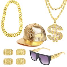 PRICES MAY VARY. 【80s 90s Costumes Outfit】The parcel contains a twist leg punk sunglasses,a fake gold chain,a pcs dollar pendant necklace,4 pcs kanji blessing lucky gold plated rings and a hip hop hat.Funny costume set for your 80s, 90s dress up, you'll be eye-catching in 80s or 90s theme parties. 【High Quality】The rings and the dollar necklace is made of High quality alloy material, low -sensitivity, will not stimulate your skin.The big chunky fake gold chain is made of acrylic，which is allergy Casual Gucci Baseball Cap For Men, Cheap Hip Hop Style Snapback Fitted Hat, Cheap Hip Hop Hat With Curved Bill, Casual Gucci Men's Baseball Cap, Yellow Astros Fitted Hat, Cheap Hip Hop Dad Hat One Size Fits Most, Cheap Hip Hop Hats With Curved Bill, Cheap Hip Hop Hats With Flat Bill, Affordable Hip Hop Fitted Hat For Sports Events