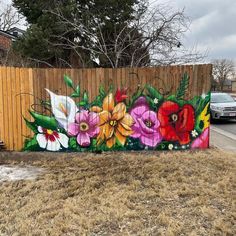 a large mural painted on the side of a wooden fence in front of a house