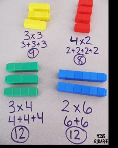 four different colored erases are arranged on a sheet of paper with numbers and times