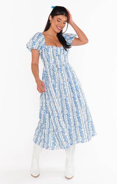 Belle Midi Dress ~ Blue Bliss Stripe Midi Dresses Formal, Light Blue Casual Dress, Prarie Dresses, Sunday Dresses, Blue Sunday, Stylish Midi Dress, Teacher Dresses, White Cowboy Boots, Midi Dress Blue