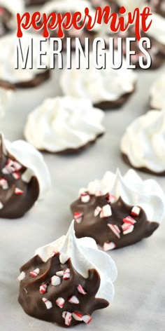 chocolate peppermint meringues with white frosting and sprinkles