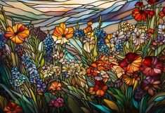 a stained glass window with flowers and mountains in the background