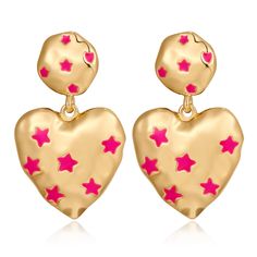 PRICES MAY VARY. 💞 Gold Earrings: These cute earrings are simple yet elegant and shaped like a love heart. They even have pink stars in the middle, which makes them a little bit unique. 💞Size：These earrings are approximately 1.61 inches in length, 0.98 inches in width, and weigh about 0.22ounces. 💞All-Purpose Style: They're are a great addition to any outfit! Whether you are going for a casual look or a formal event, they add a touch of glamour and class to any outfit and are sure to attract Pink Double Heart Pierced Earrings, Cute Pink Earrings With Heart Print, Cute Pink Heart Print Earrings, Pink Heart Drop Earrings For Valentine's Day, Trendy Pink Heart Earrings Pierced, Trendy Pink Heart Print Earrings, Pink Heart Drop Earrings For Pierced Ears, Gold Heart Print Earrings For Valentine's Day, Valentine's Day Gold Heart Print Earrings