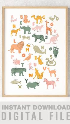 a giraffe and other animals are shown in this children's art print