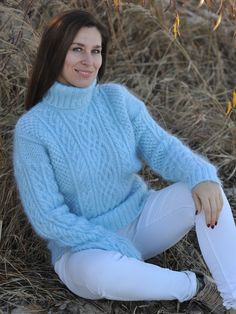 Casual Blue Mohair Sweater, Winter Mohair Turtleneck Sweater, Blue Long Sleeve Alpaca Sweater, Winter Mohair Sweater With Soft Knit, Soft Knit Mohair Turtleneck Sweater, Mohair Turtleneck Sweater With Soft Knit, Blue Alpaca Long Sleeve Sweater, Casual Mohair Sweater For Winter, Blue Mohair Knitted Sweater