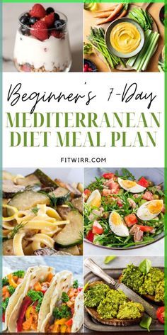 a collage of different pictures with the words beginner's 1 - day mediterranean diet meal plan