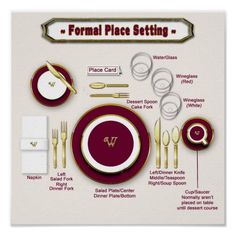 the formal place setting is shown in red and gold