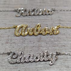 Name Necklace - Dainty Name Necklace - Personalized Necklace - Gold Name Necklace -  Baby Shower Gift - Bridesmaid Gift - Mom Gift  * One of the hottest fashion trends today is personalized name jewelry. The name plate is elegantly carved, for a beautiful look that's unique to you! Name Necklace will be handmade with your desired custom name in this dainty font. This necklace can be a great gift for a girlfriend, family member or for yourself.  * Material: High Quality Solid 925 Sterling Silver Diamond Name Necklace, Diamond Birthday, 14k Gold Initial Necklace, Personalized Gold Necklace, Name Necklace Silver, English Name, Diamond Initial Necklace, Pave Necklace, Name Necklaces