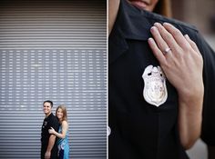 a man and woman standing next to each other in front of a garage door holding hands