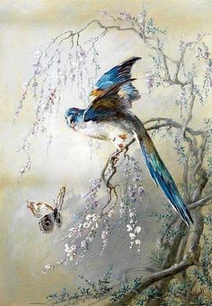 a painting of a blue bird perched on a tree branch with white flowers in the background