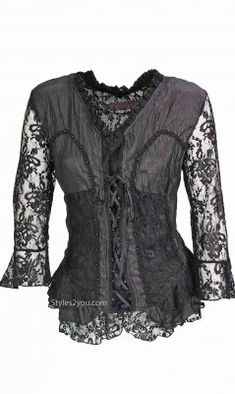 AP Jocelyn Blouse In Black Gothic Tops With Lace Trim For Fall, Gothic Lace Tops For Fall, Gothic Lace Top For Fall, Fitted Lace Top With Lace Sleeves For Fall, Fitted Top With Lace Patchwork For Fall, Elegant Underbust Top For Night Out, Spring Long Sleeve Fitted Corset, Spring Lace Top With Corset Back, Fitted Tops For Fall Costume Party