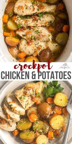 chicken and potatoes in a crock pot with text overlay