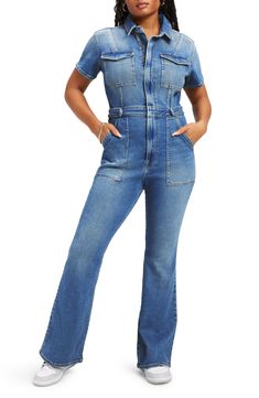 Get to work in this utility jumpsuit designed in a casual-cool wash with abbreviated sleeves and straight legs. 54 1/2" length; 27 1/2" inseam, 13" leg opening (size 3) Spread collar Short sleeves 72% cotton, 25% recycled cotton, 2% polyester, 1% elastane Machine wash, tumble dry Made in Turkey Black Owned and Founded Utility Denim Jumpsuit With Short Sleeve And Relaxed Fit, Utility Style Denim Jumpsuit With Relaxed Fit, Short Sleeve Denim Utility Jumpsuit For Workwear, Utility Style Denim Jumpsuit With Short Sleeves For Work, Fitted Full-length Denim Jumpsuit With Pockets, Workwear Denim Overall Jumpsuit With Patch Pockets, Fitted Denim Jumpsuit With Button Closure, Medium Wash Denim Jumpsuit With Short Sleeve For Work, Fitted Utility Jumpsuits And Rompers