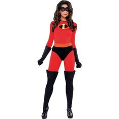 a woman in a red and black costume is standing with her hands on her hips