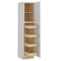 a white cabinet with wooden shelves and drawers