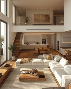 a living room filled with lots of furniture next to a large open floor plan area