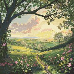 a painting of a green field with trees and flowers in the foreground is a sunset