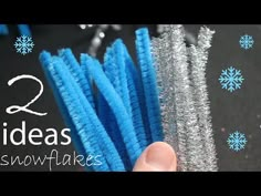 someone is holding some blue and silver snowflakes in their hand with the words 2 ideas