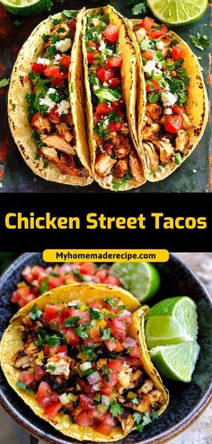 chicken street tacos on a plate with limes and cilantro